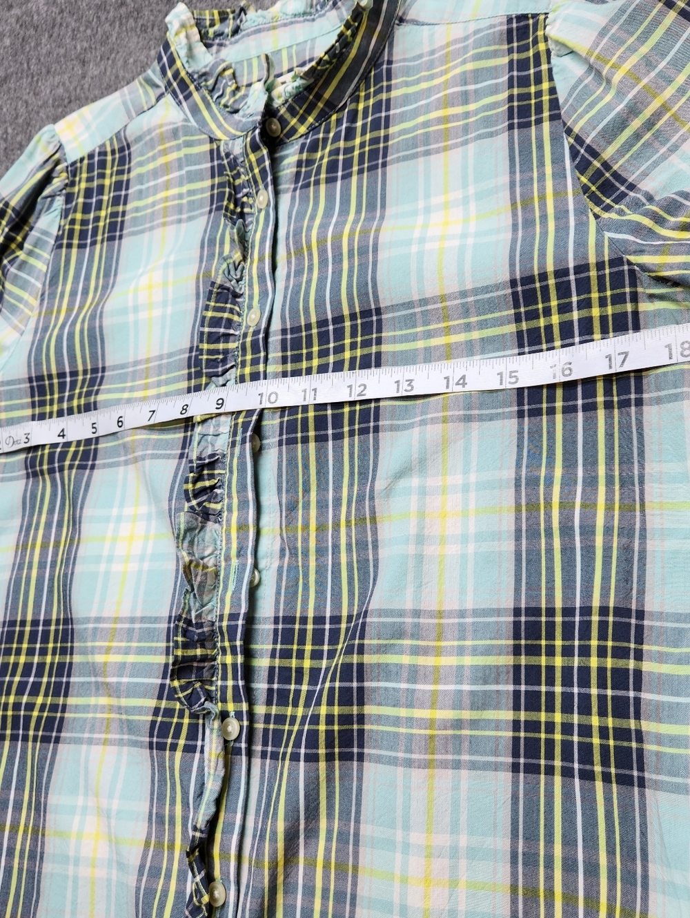 LOFT Plaid Ruffle Blouse Small Blue Yellow Cotton Modal Long Sleeve - Picture 3 of 7